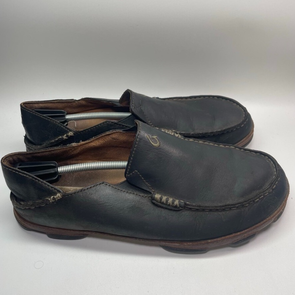 OluKai Moloa Shoes Mens Size 10 Black Brown Slip On Loafers Leather Slippers